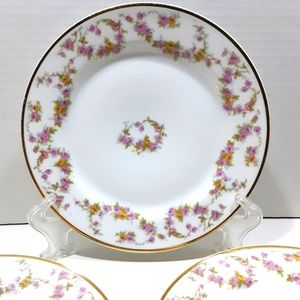 3 LIMOGES ELITE WORKS Cake or Dessert Plates France Pink Rose Swag Garland